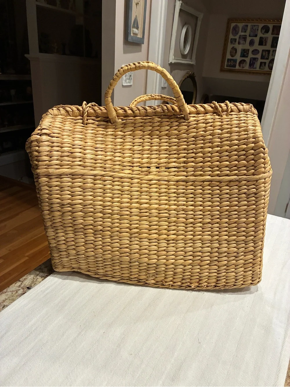 Vintage natural water hyacinth and reed structured picnic basket